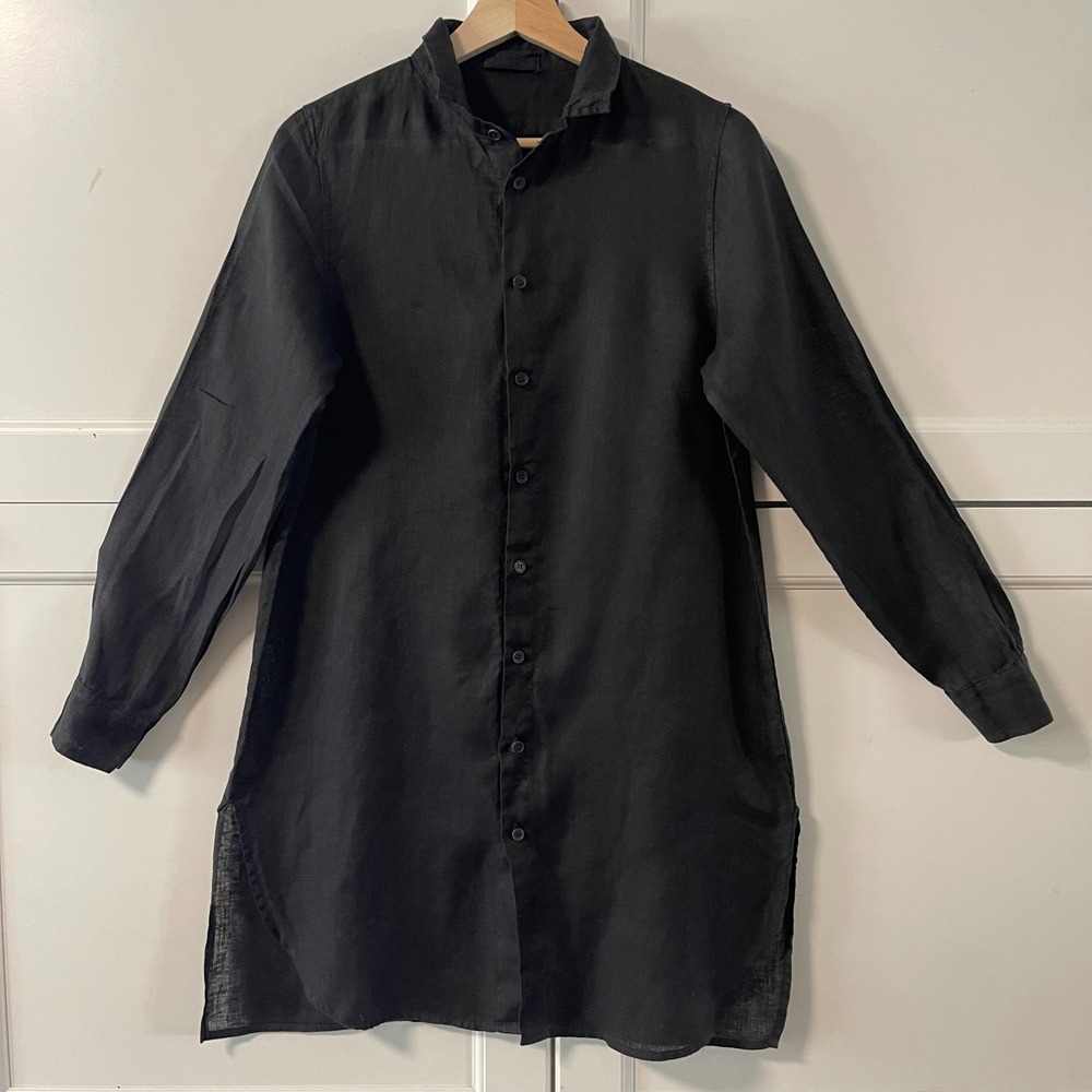 CP Shades Black 100% Linen Button Down Tunic Shirt Long Sleeve XS Made in USA
